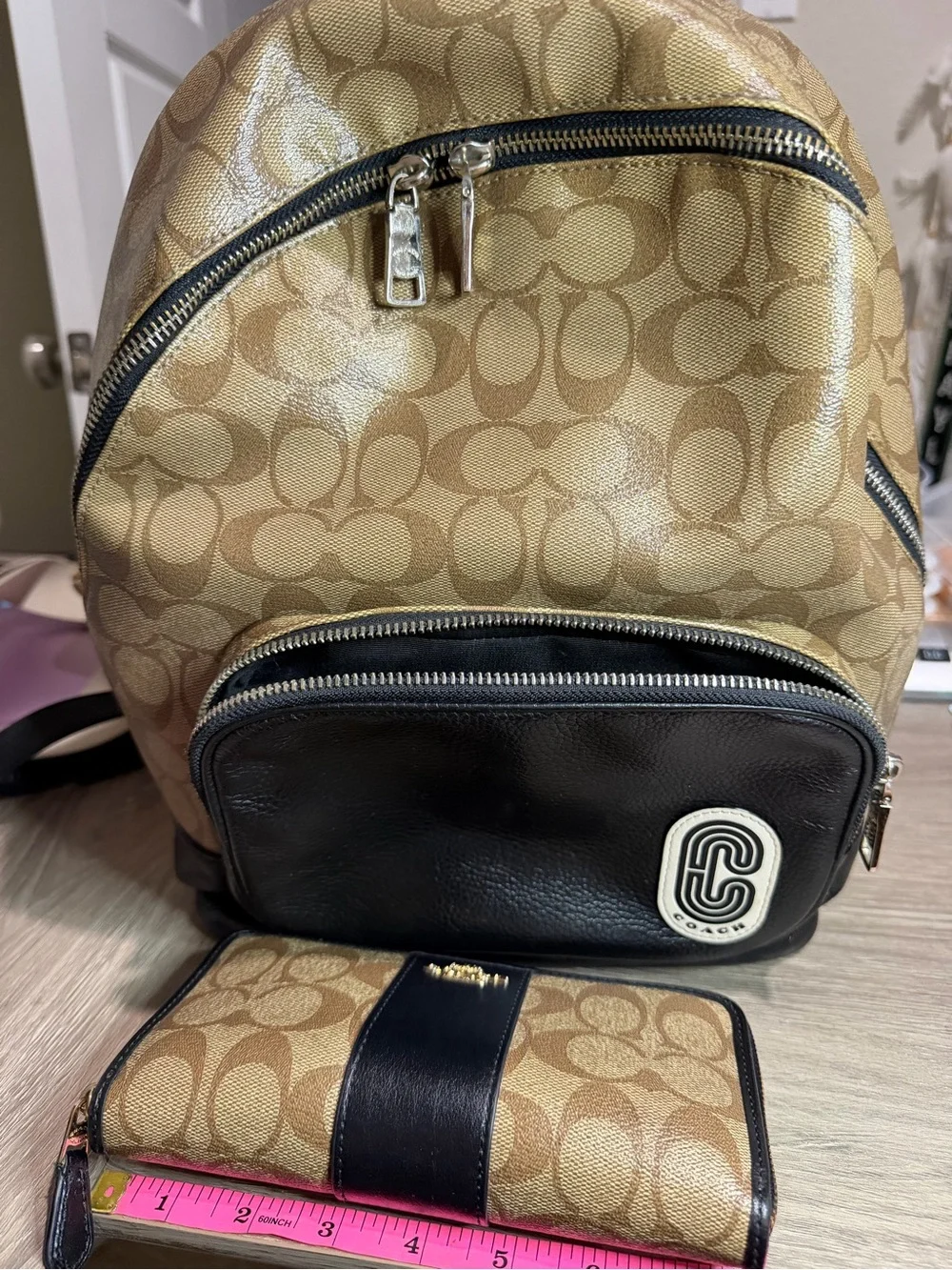Coach Tan Signature Canvas Backpack with Black Leather and includes wallet